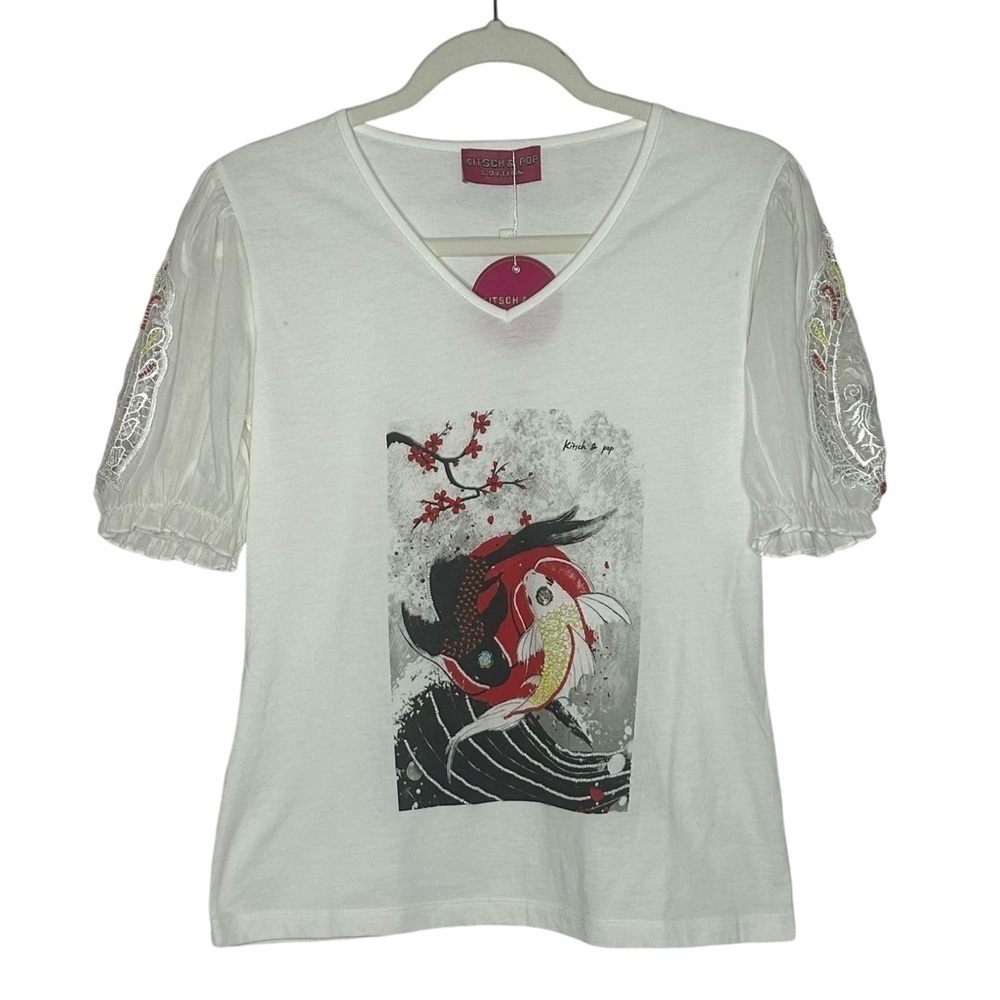 Kitsch & Pop Koi Fish Lace Sleeve Top NWT - Picture 3 of 13